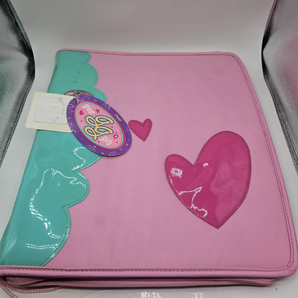 VTG 1990s Mead Great Girls Zipper 3-Ring Binder Pink Teal Heart Scallop Y2K Aest
